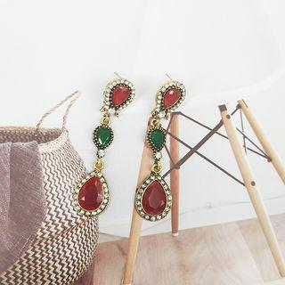 Rhinestone Drop Earring 1 Pair - Gold & Red & Green - One Size