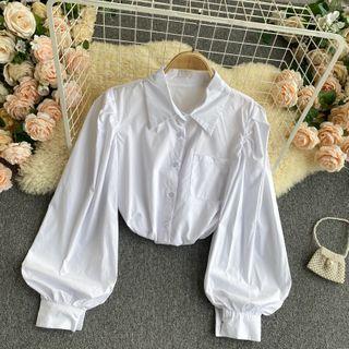 Puff-sleeve Single Pocket Plain Shirt