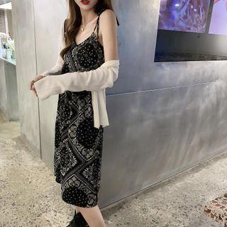 Spaghetti-strap Patterned Midi A-line Dress / Cardigan