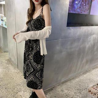 Spaghetti-strap Patterned Midi A-line Dress / Cardigan