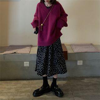 Plain Sweater / Floral Print Midi A-line Dress