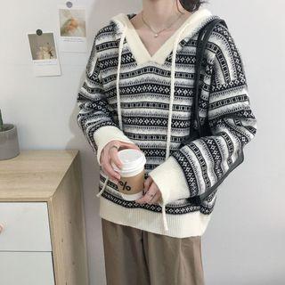 Striped Color Panel Hooded Knit Top