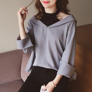 Mock Two Piece Cut Out Shoulder Striped Shirt