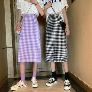 High-waist Plaid Split A-line Midi Skirt