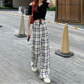 Plaid Sweatpants / Off Shoulder Drawstring Top