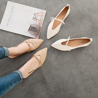 Genuine Leather Tie Knot Pointed Toe Ballet Flats