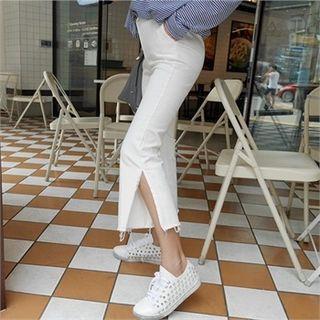 Banded-waist Slit-detail Pants