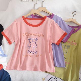 Contrast Trim Bear Embroidered Short-sleeve T-shirt