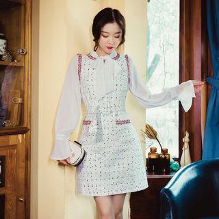 Tie-neck Chiffon Blouse / Sleeveless Tweed Dress With Belt