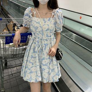 Puff-sleeve Square-neck Floral Dress Sky Blue - One Size