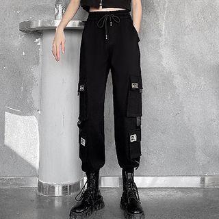 Set: Short-sleeve Collared Zipped Cropped T-shirt + Pocket Detail Cropped Harem Pants