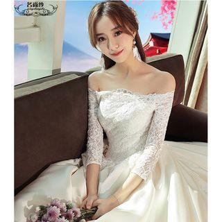Lace Panel Off Shoulder Long Sleeve Bridal Gown