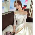 Lace Panel Off Shoulder Long Sleeve Bridal Gown