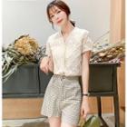 Short-sleeve Buttoned Lace Top / Checkered Shorts
