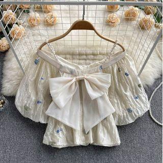 Puff-sleeve Off-shoulder Suspender Bow Embroidered Top
