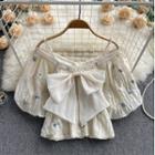 Puff-sleeve Off-shoulder Suspender Bow Embroidered Top