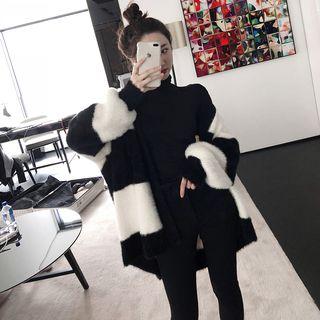 Open-front Colorblock Knit Cardigan / Turtleneck T-shirt