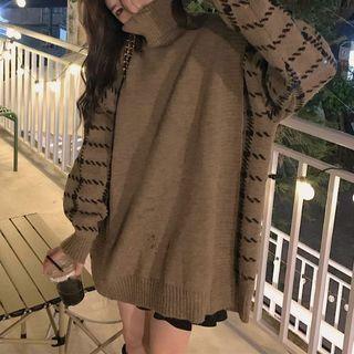 Mock Two-piece Plaid Sweater Khaki - One Size