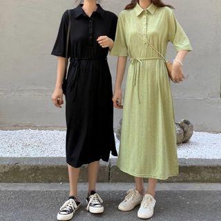 Slit-side Tie-waist Short-sleeve Midi Polo Dress