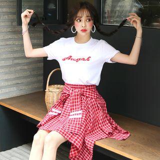 Set: Lettering T-shirt + Mock Plaid-shirt Skirt