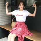 Set: Lettering T-shirt + Mock Plaid-shirt Skirt