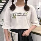 Embroidered Elbow-sleeve Cutout T-shirt