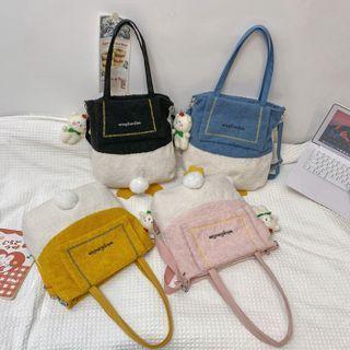 Letter Embroidered Cartoon Fluffy Tote Bag / Bag Charm / Set