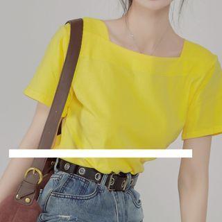 Short-sleeve Square Neck Top Yellow - One Size