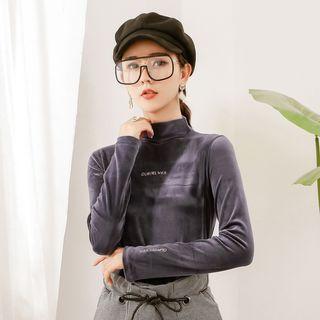 Lettering Long-sleeve Mock Neck Velvet Top