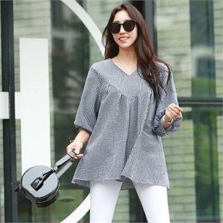 V-neck Gingham A-line Blouse