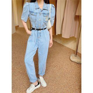 Short-sleeve Washed Denim Jumpsuit Blue - One Size