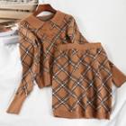 Set: Plaid Sweater + Mini Fitted Knit Skirt Sweater - Brown - One Size / Skirt - Brown - One Size