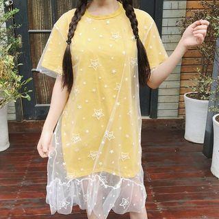 Mock Two Piece Star Embroidered Short Sleeve Midi Dress