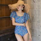 Short-sleeve Flower Print Swimsuit