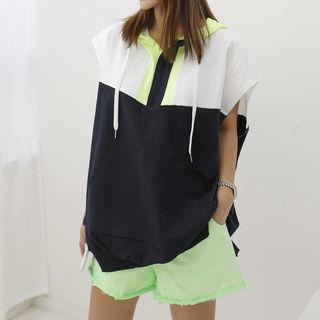 Hooded Zip-neck Cap-sleeve Top