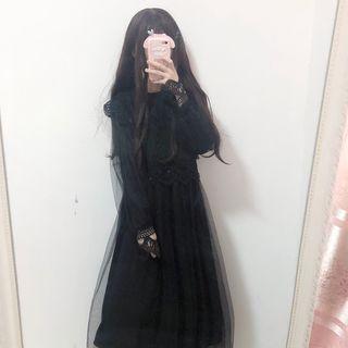 Lace Trim Long-sleeve A-line Midi Mesh Dress