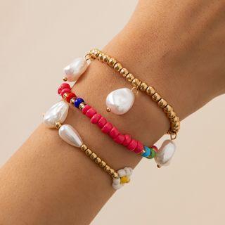 Set Of 3: Faux Pearl Beaded Bracelet Set Of 3 - 1967 - Gold - One Size