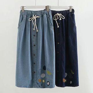 Flower Embroidered Drawstring Midi A-line Denim Skirt