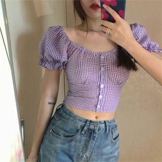 Short-sleeve Plaid Buttoned Crop Top Violet - One Size