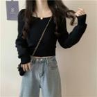 Long-sleeve Plain Cropped Knit Top Black - One Size