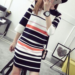 Set: 3/4-sleeve Striped Sweater + Knit Skirt