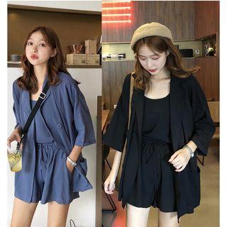 Set: Plain Camisole Top + Shorts + 3/4 Sleeve Blazer
