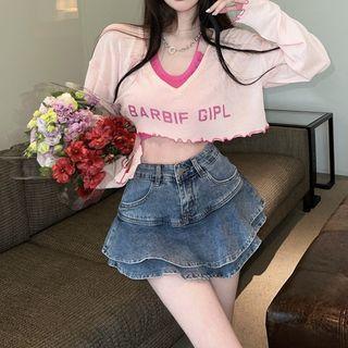 Long-sleeve Cropped T-shirt / Denim Skirt / Camisole Top