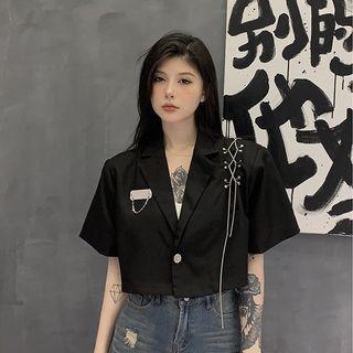 Short-sleeve Embellished One Button Crop Blazer