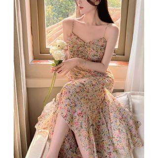 Sleeveless Spaghetti Strap Floral Print Midi Dress