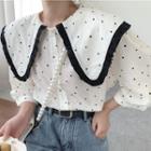 Elbow-sleeve Wide Collar Dotted Blouse Beige - One Size