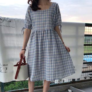 Short-sleeve Plaid A-line Dress Plaid - Blue - One Size