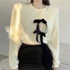 Long-sleeve Bow-accent Cardigan Yellow - One Size