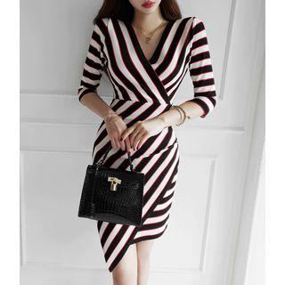 3/4-sleeve Striped Wrap Dress Black - One Size