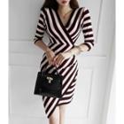 3/4-sleeve Striped Wrap Dress Black - One Size
